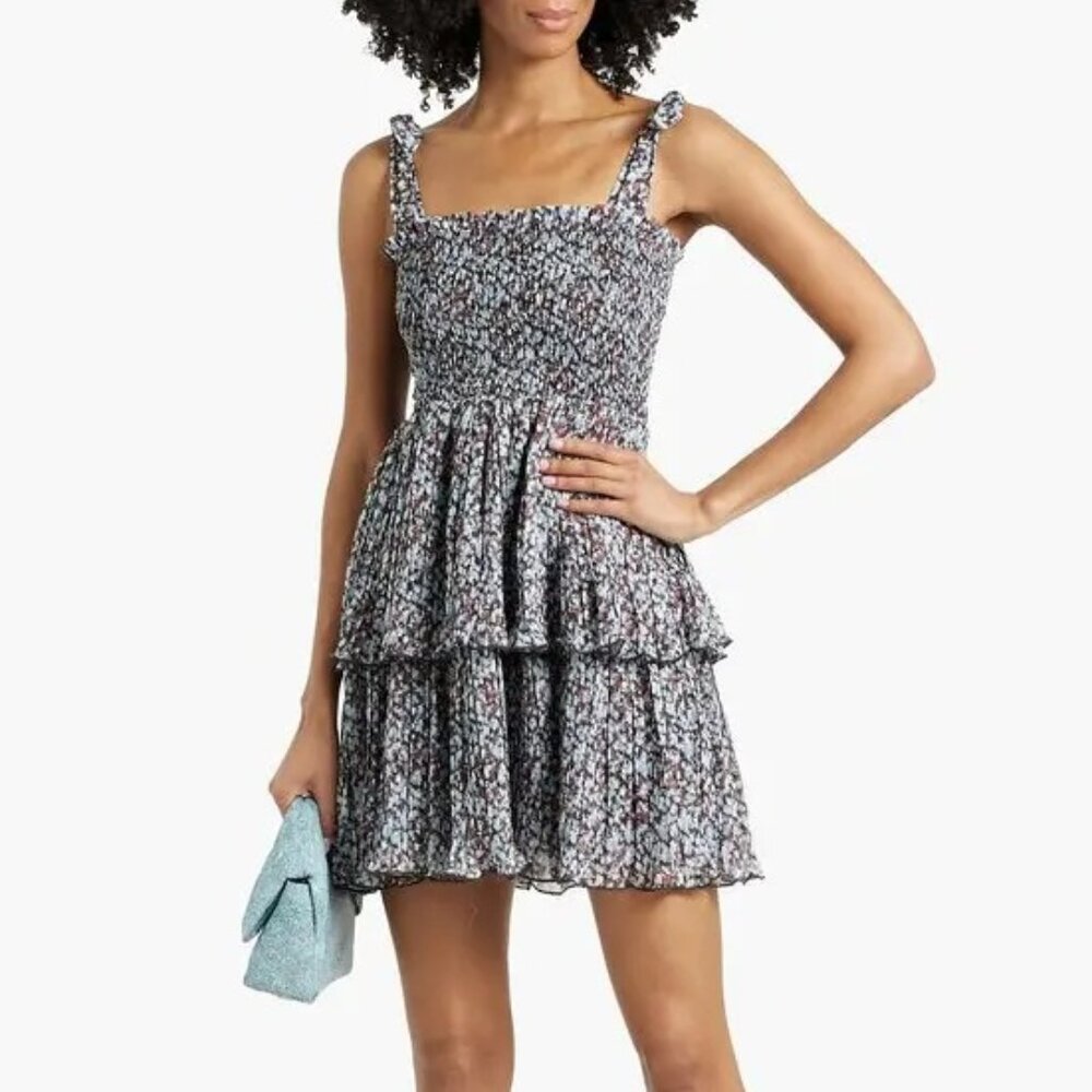 Ganni Phantom Printed Pleated Georgette Mini Dress Size
